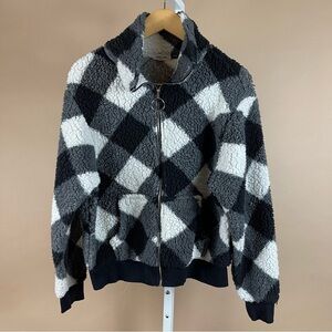 Stitch & Pine Size Small Checker Sherpa Full Zip Jacket Monochrome Cottagecore